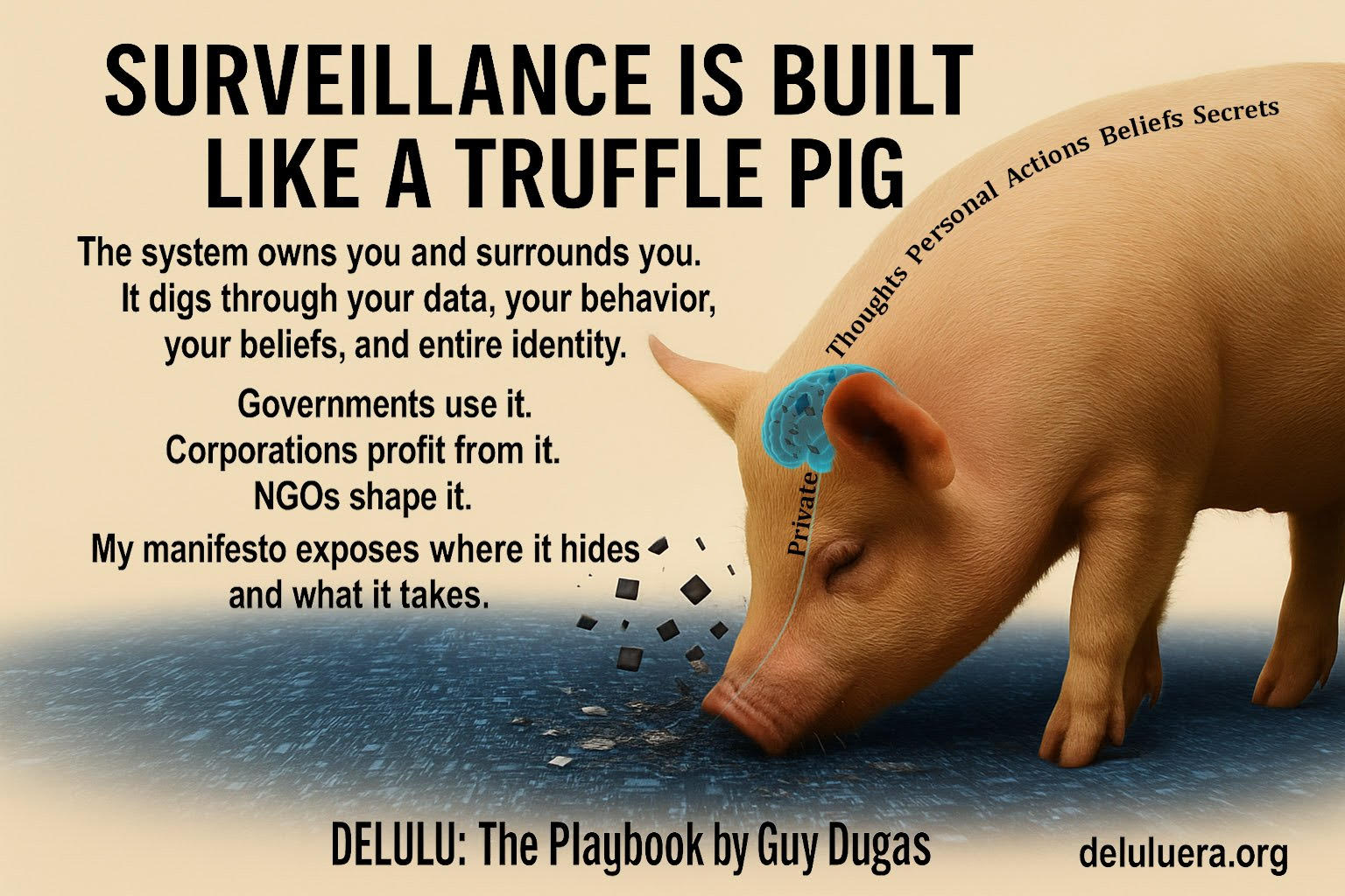 Surveillance is built like a truffle pig promotional graphic for DELULU The Playbook